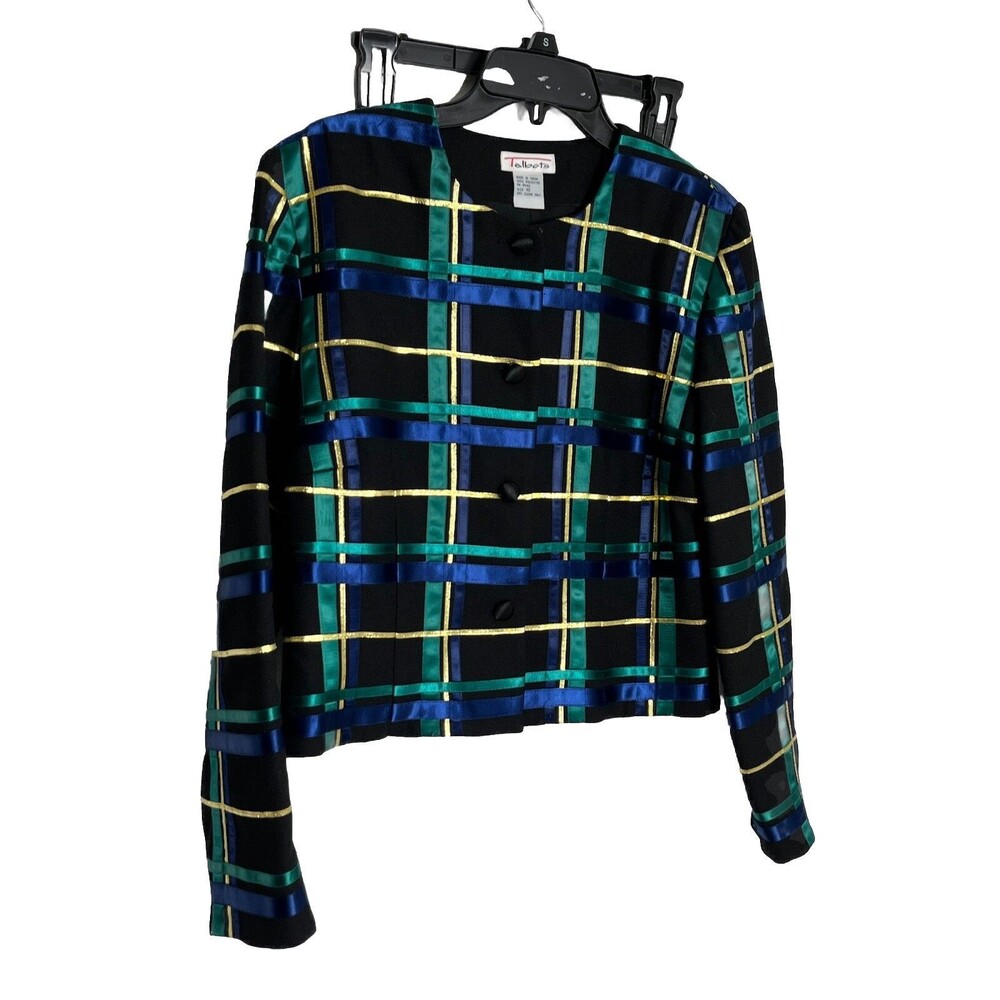 Vtg 90s Talbots Dark Academia Wms Large 10 Plaid Cropped Blazer